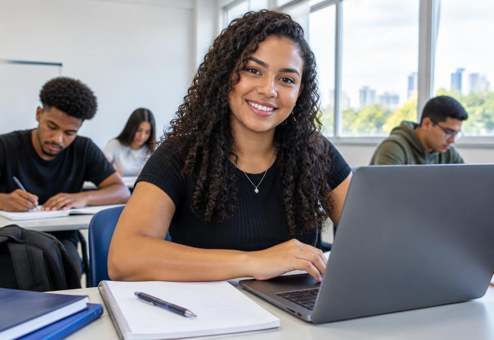 Estudante feliz do curso Técnico em Administração